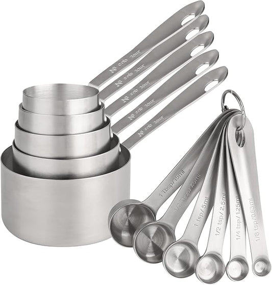 Measuring Cups and Spoons Set 11, 18/8 Stainless Steel Measuring Cups and Spoons for Dry & Liquid, 5 US & Metric Measure Cups and 6 Measure Spoons Set for Kitchen & Baking Measuring Tools