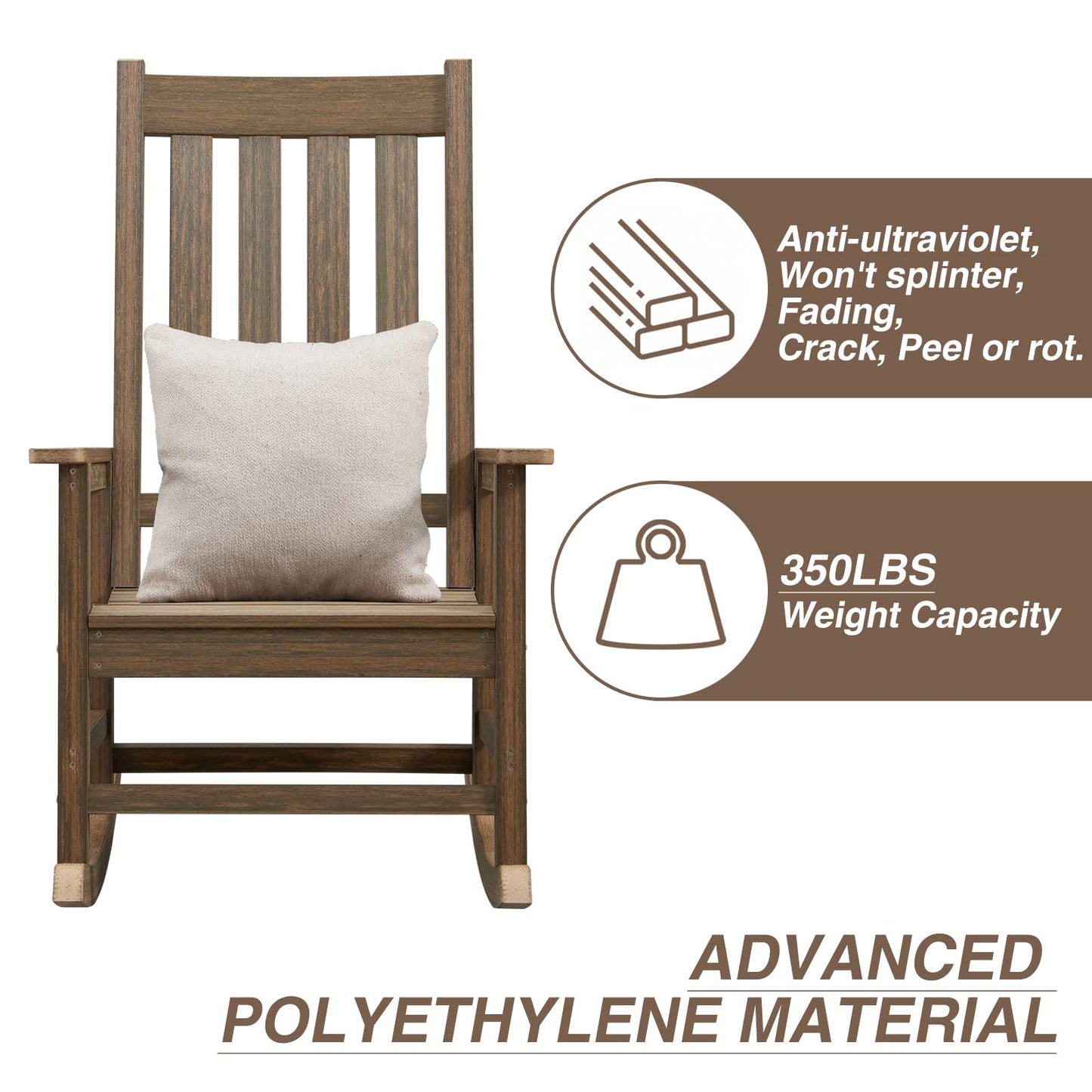 ACUEL Outdoor Rocking Chair Set of 2, HDPE Oversized Patio Rocking Chairs, Weather Resistant, 350lbs Heavy Duty Porch Rocker with High Back for Backyard, Fire Pit, Garden and Indoor (Bright Brown)