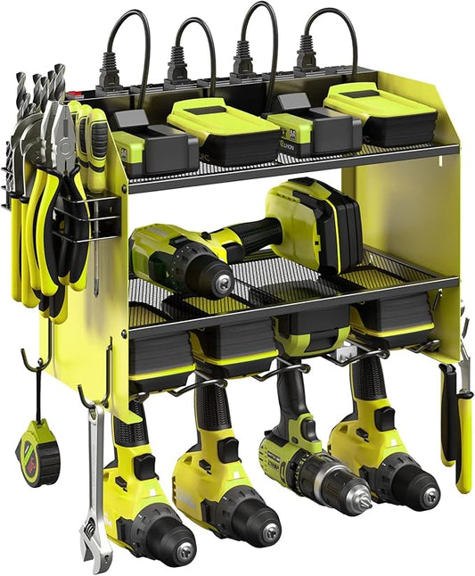 CCCEI Modular Power Tool Organizer Wall Mount with Charging Station. Garage Drill Storage Shelf with Hooks, Heavy Duty Rack, Tool Battery Holder Built in 8 Outlet. Gift for Men. Green, 2 Pack.