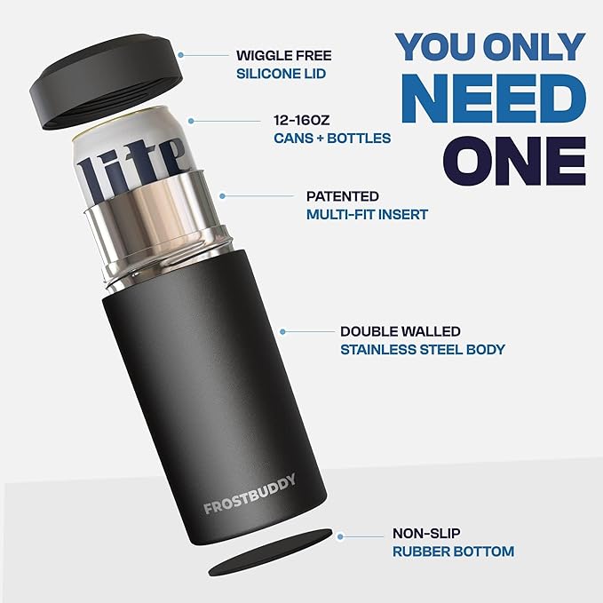 Frost Buddy Universal Buddy Can Cooler - Fits All - For Regular 12 & 16 oz or Slim-Size Bottles - Insulated Double-Walled Stainless Steel (Dark Night)