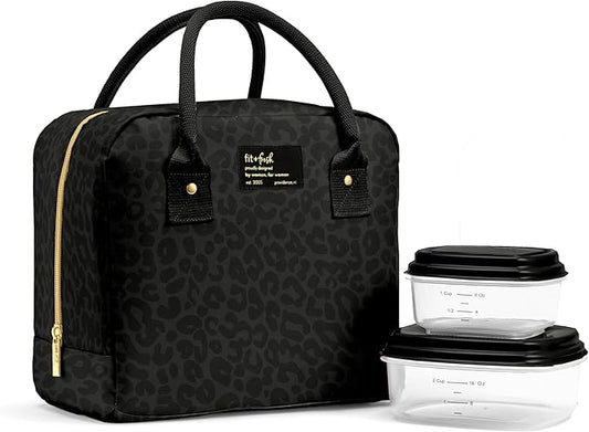 Fit & Fresh Bloomington Lunch Bag for Women - Insulated Large Lunch Box for Work with Containers, Leak-Resistant, Stain-Resistant, Zipper Closure, Black Feline Fine
