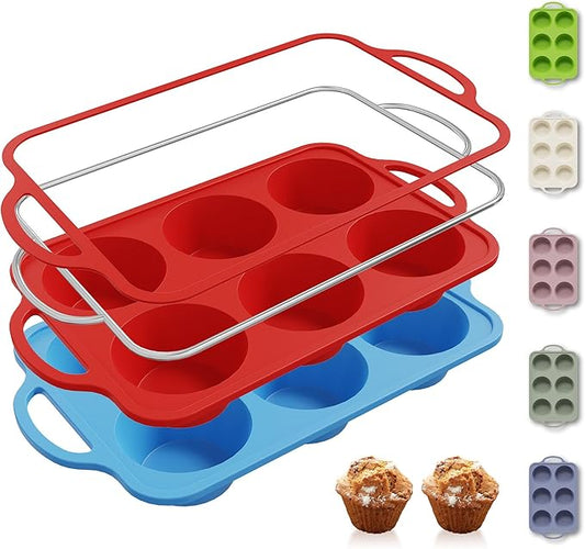 Socisen 2 Packs 6 Cups Silicone Muffin Pan with Metal Reinforced Frame Jumbo Size Cupcake Pan Tray Egg Bites Cookie Molds Muffin Tin Tart Pans Moldes De Silicona Para Gelatina Hornear Flan Chocoflan