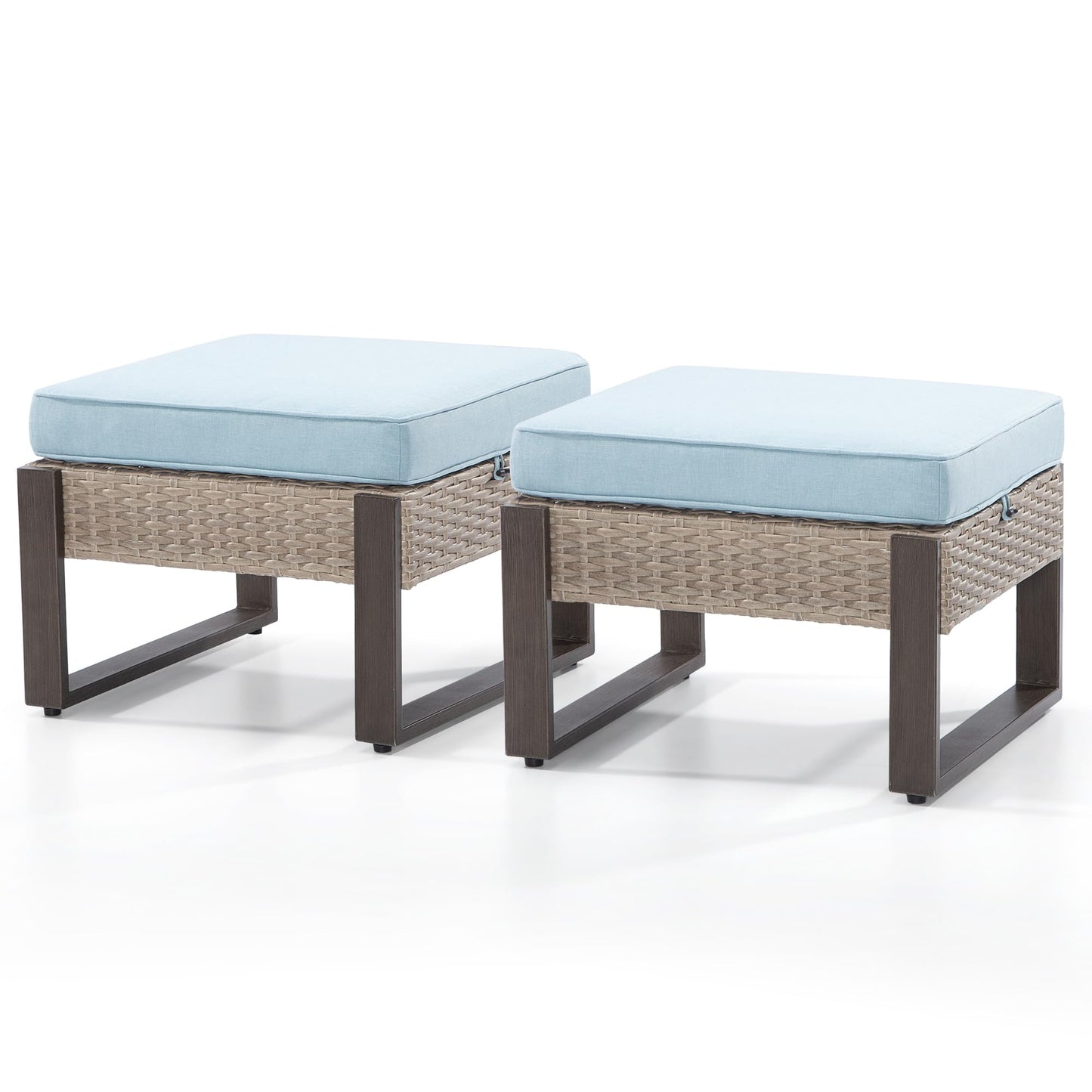 MeetLeisure Patio Metal Wicker Ottoman Set of 2, Outdoor PE Rattan Footstools with Removable Cushions & Metal Steel Framed Legs for Garden Backyard Porch Deck, Baby Blue