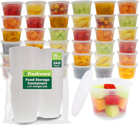 Freshware [240 Pack] 16 oz Food Storage Containers with Lids, Plastic Containers, Freezer Safe | Meal Prep | Stackable | Leakproof | BPA Free, Clear