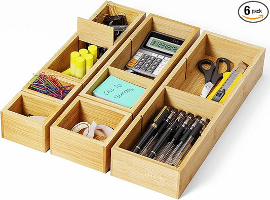 6PCS Desk Drawer Organizer Tray with 12 Compartments – Bamboo Office Storage Boxes Set for Junk Drawer Supplies, Utensils, Cosmetics, Jewelry and More