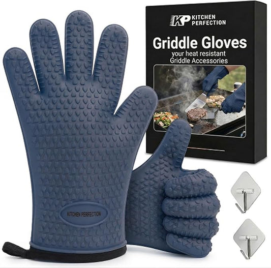 KITCHEN PERFECTION XL Silicone Oven & Griddle Gloves -Extreme Heat Resistant BBQ & Grilling Gloves -Handle Hot Food Right on Your Griddle |Waterproof Oven Mitts Grill Gloves |Superior Set+3 Bonuses
