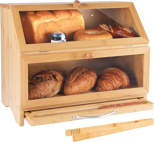 MAISONPEX Double Layer Bamboo Bread Box for Kitchen Countertop, Cutting Board, and Stainless Steel Bread Knife, Large Capacity Storage Container with Clear Windows (Self-Assembly)