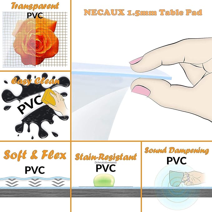 NECAUX Custom Multisize 1.5mm Thick Clear PVC Table Cover Protector - 30 x 96 Inch Water Resistant Rectangular Plastic Table Cover Vinyl Non-Slip Desk Pad for 8 Foot Coffee Table/Writing Desk
