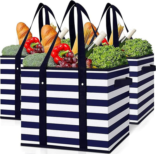 WISELIFE 3 Pack Reusable Grocery Bags Large Water Resistant Grocery Collapsible Heavy Duty Tote Bags for Shopping Picnic