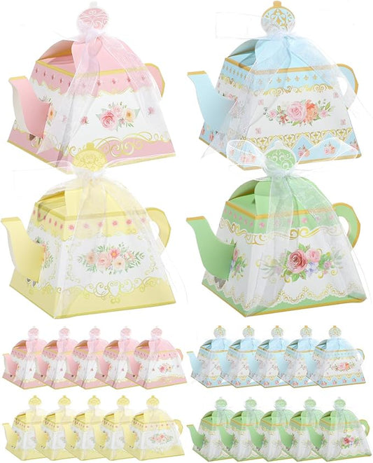 Liobelon 24 PCS Floral Tea Party Favor Gift Boxes Teapot Candy Boxes Vintage Flower Treat Boxes Mini Teapot Favor Boxes with Ribbon for Tea Garden Wedding Bridal Birthday Baby Shower Party Supplies