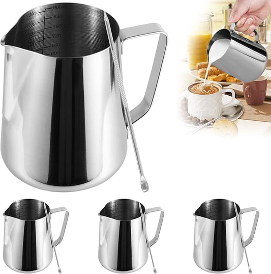 4 Pack Milk Frothing Pitcher 900ml Stainless Steel Milk Jug with Measurement Marks, 32oz Steaming Pitcher for Coffee, Cappuccino, Latte Art, Includes Art Pen, (4)