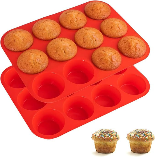 2 Pack Silicone Cupcake Pan for Baking, Nonstick Silicone Muffin Pans, 12 Cups Regular Size Cupcake Pan, Durable and Flexible, Quick-Release, Easy to Clean, Ideal for Home Baking and Party, Red