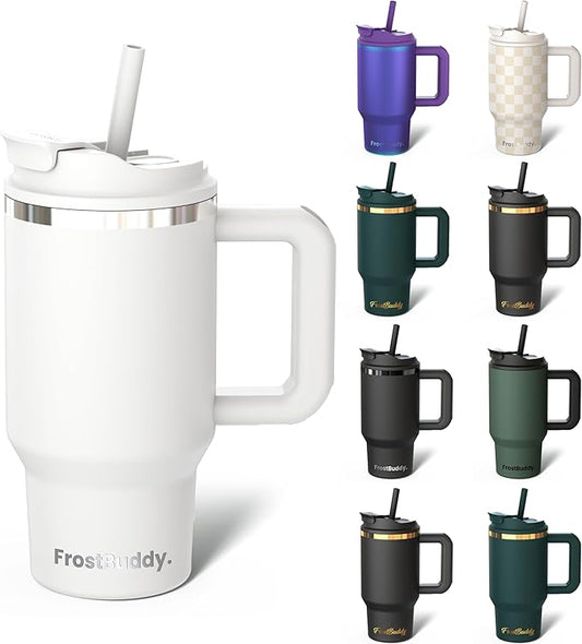 Frost Buddy Thicc Buddy - 16 oz Stainless Steel Vacuum Insulated Tumbler with Lid and Straw for Water - Travel Mug Cupholder Friendly - Gifts for Women Men Him Her (White)