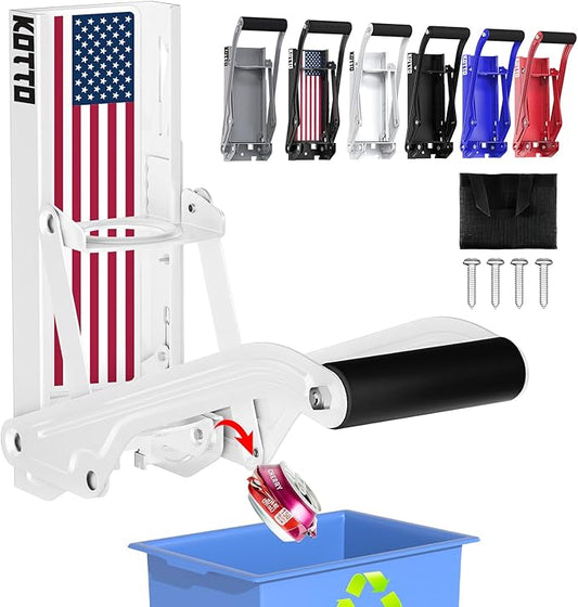 2025 New Auto-Eject Can Crusher with Trash Bag Organizer - Built-in Bottle Opener, Works for 8/12/16oz Cans, Wall-Mounted Recycling Tool (white-US flag)
