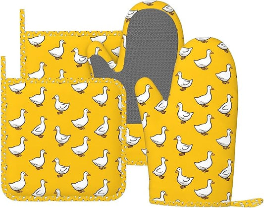Oven Mitts and Pot Holders Set, Yellow Duck Pattern Silicone Kitchen Accessories 4 Piece Heat Resistant Long Gloves Potholder Non-Slip Grip for Chef Cooking Baking Grilling BBQ