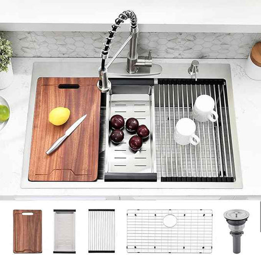 33 Inch Drop In Kitchen Sink Workstation - 33 x 22 Inch Drop In Sinks 16 Gage Stainless Steel Topmount Sinks Single Bowl 10'' Deep Handmade Above the Counter sink with Cutting Board& Strainer