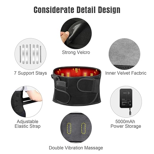 Heated Back Brace with Massage, Rechargeable Heating Pad for Back Pain Relief, Adjustable Back Support Belt with Heat Therapy and Vibration Massager for Men and Women, M
