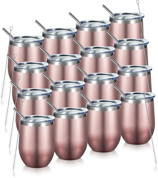 COMOOO Rose Gold Stainless Steel Wine Tumbler Bulk with Lid and Straw 12oz Double Wall Vacuum Insulated Travel Tumbler Cup for Coffee Wine Cocktails Ice Cream Cup Rose Gold, 16 pack