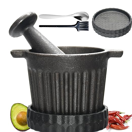 Cast Iron Mortar and Pestle & Garlic Grater Plate Set, Guacamole Bowl and Masher with Bonus Brush/Spoon, Small Mortar and Pestle Set 3-in-1 Crushing Smasher for Kitchen Spices and Pesto