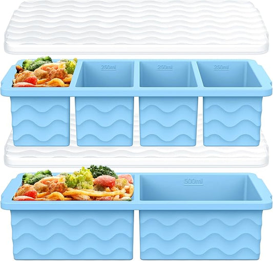 Silicone Freezer Molds for Soup with Lid, 1-Cup & 2-Cup Large Ice Cube Trays Food Storage Containers for Meal Prep, Freeze 500mL/250mL/125mL Portions – 2 Pack