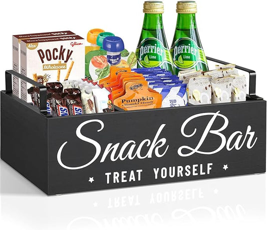 Unistyle Wood Pantry Storage Bins with Handles, Snack Organizer for Countertop, 4 Compartment Food Container Snack Box, Black