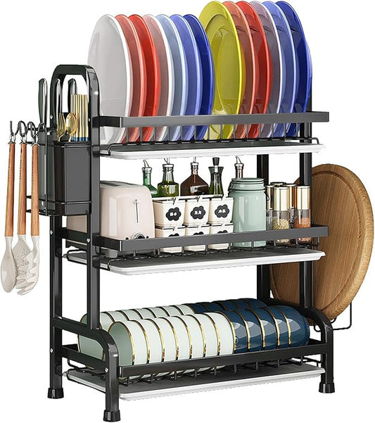 Dish Drying Rack,Dish Racks Drainer,Over The Sink Dish Drainer Drying Rack 3 Tier with Drain Tray,Chopsticks Rack,Knife Holder