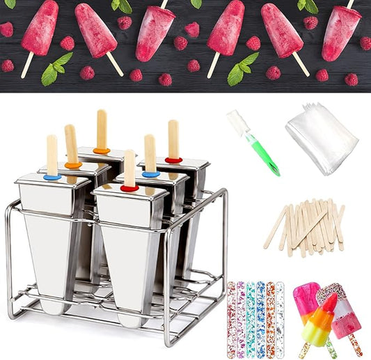 Set of 6 Stainless Steel Popsicle Molds Kit, Metal Popsicle Moulds,Homemade Ice Treat Makerwith 50 Wooden Sticks and 6 Silicone Seals and 20 Pop Bags,Cleaning Brush（Watermelon）