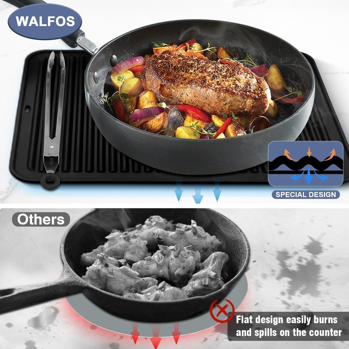 Walfos XXL Silicone Trivet 16 Inch and Trivets Mats 12 Inch, Trivets for Hot Pots and Pans, Heat Resistant Pot Holders Hot Pads for Kitchen Quartz Countertops, Hot Dishes, 3 Pack
