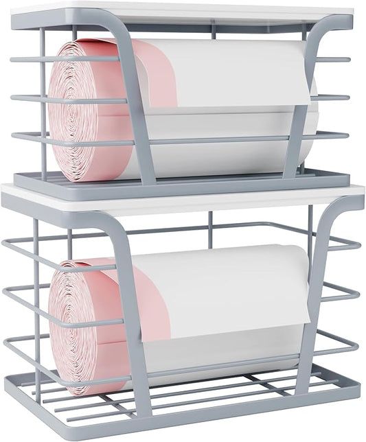 2 Pack Gray Trash Bag Organizer for Kitchen and Pantry, Upgraded Stackable Metal Garbage Bag Holder with Bamboo Top, Modern Under Sink Storage Dispenser for Laundry Room, Garage