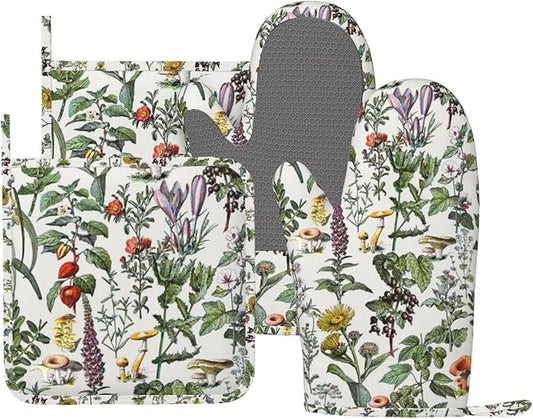 Vintage Botanical Oven Mitts and Pot Holders Set Silicone Heat Resistant Plants Herbs Mushroom Sage Green Leaf Ferns Kitchen Gloves Set Boho Retro Wildflower Kitchen Mittens Pot Holders