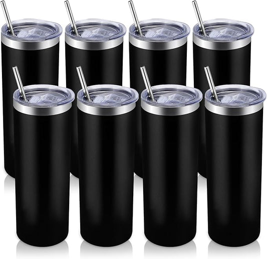 Volhoply 8 Pack Skinny Tumblers with Lid and Straw, 20oz Stainless Steel Straight Tumbler Bulk, Vacuum Insulated Coffee Mug for Home, Office, Travel, DIY (Black,8 Pack)