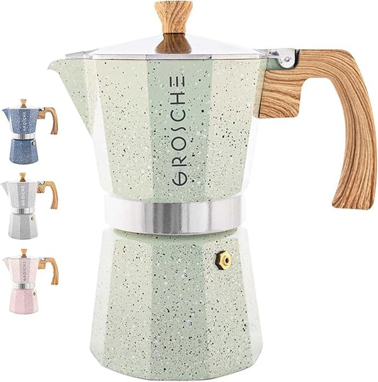 GROSCHE Milano Moka pot, Stovetop Espresso maker, Greca Coffee Maker, Stovetop coffee maker and espresso maker percolator (Mint, 9 cup)
