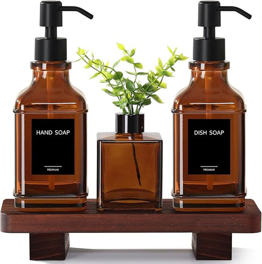 Modern Kitchen Soap Dispenser Set with Wood Tray, Amber Glass Soap Dispensers with Pump, Decorative Hand and Dish Soap Dispenser Set, Soap and Lotion Dispenser Upgrade for Kitchen and Bathroom Decor