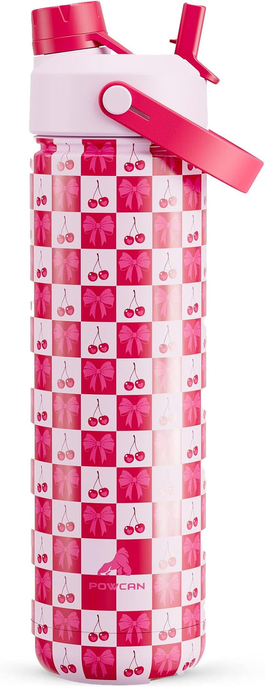 POWCAN 26 oz Insulated Water Bottle with 2-in-1 Straw and Spout Lid, Keep Cold 24H, Leak-Proof, Fits in Car Cup Holder, Stainless Steel Water Bottle for Sports, Travel, and School (Bow Down to Cherry)