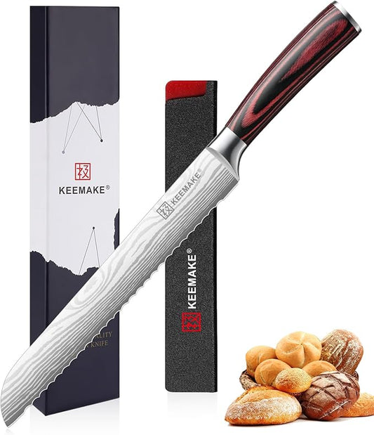 KEEMAKE Bread Knife, 8 Inch Serrated Bread Knife for Homemade Bread Ultra Sharp High Carbon Stainless Steel Blade, Professional Bread Cutting Knives for Sourdough Bread, Bagels, Cake