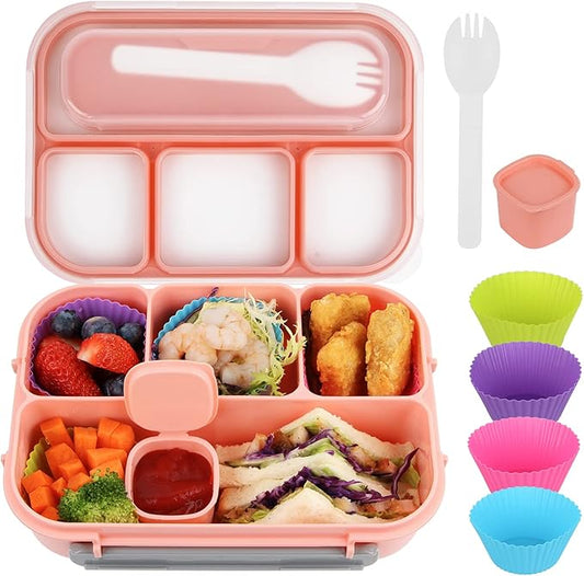 MaMix Bento Box for Kids, Lunch Box Kids, Lunch Containers for Adults,4 Compartment Leak-Proof with Sauce Snack Pot Cutlery (Pink)