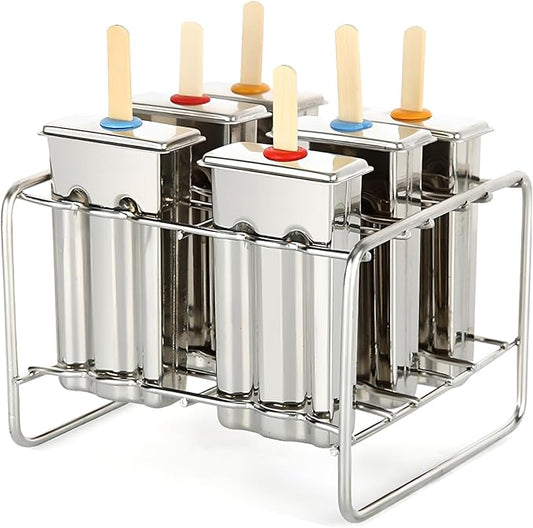 Stainless Steel Popsicle Molds, Set of 6 Ice Cream Maker, Ice Pop Molds With Holder, Metal Reusable Homemade Popsicle Molds with Sticks and Bags (Flat Head, with Slot)