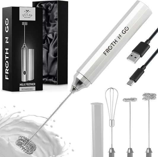 Zulay Froth N Go Milk Frother – Rechargeable 3-in-1 Handheld Frother Wand with Travel Case & USB-C Charger – Single, Double & Egg Whisk for Latte, Cappuccino, Matcha, Protein Shakes – Silver