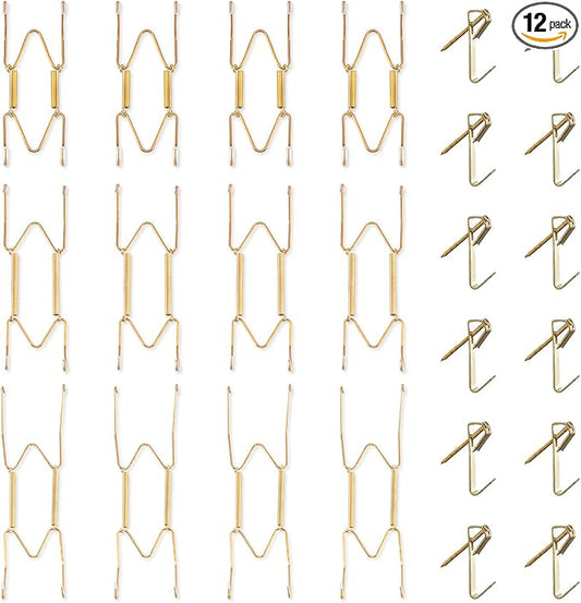 Bilillo 12 Pieces Invisible Wall Plate Hangers 4/6/8 Inches Wall Plate Hangers Stainless Steel Decorative with 12 Pieces Hook with Nails Suitable for 4-10 inch Decorative Antique and Arts(Gold)