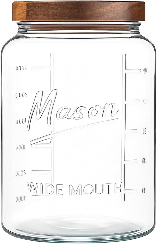 kitchentoolz Extra Large Mason Jar - 1 Gallon Glass Wide Mouth Jar with Airtight Wooden Lid, Food Storage Container with Measurement Markings For Kitchen Pantry, Pickling, Cookies, Flour & Sugar