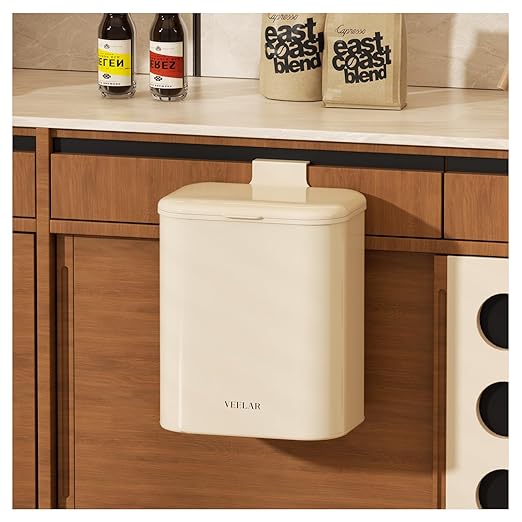 Space Saving Hanging Small Trash Can for Kitchen Cabinet, Bathroom or Office (White，2.1 Gallon (8L))