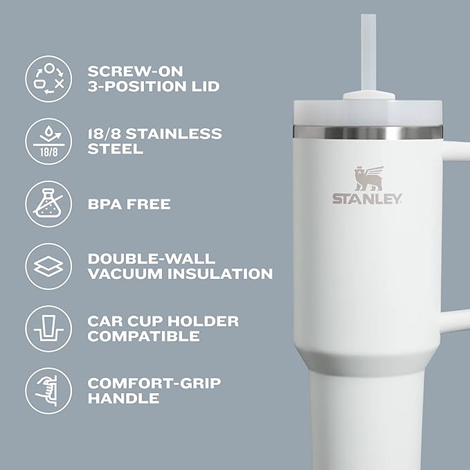 STANLEY Quencher H2.0 Tumbler with Handle and Straw 30 oz | Flowstate 3-Position Lid | Cup Holder Compatible for Travel | Insulated Stainless Steel Cup | BPA-Free | Ash