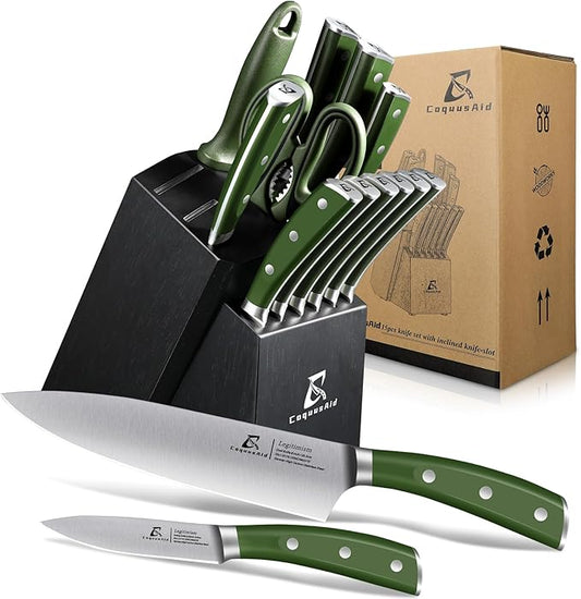 15 Piece Block Knife Set, 15pc Cutlery Knife Set with Steel Blades for Precise Cutting, Lightweight, Stainless Steel, Durable & Dishwasher Safe, Black-Green