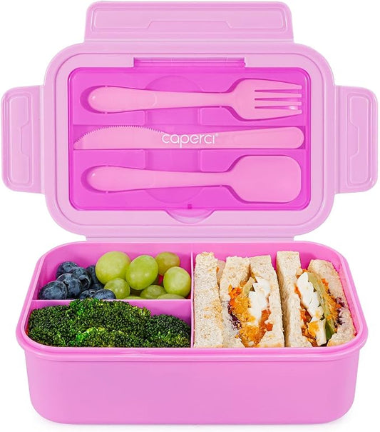 Caperci Classic Bento Lunch Box for Kids & Adults - Leakpoof 47oz Food Lunch Containers for Girls Women, 3-Compartment, Built-in Utensil Set, BPA-Free, Dishwasher/Microwave Safe (Vivid Orchid)