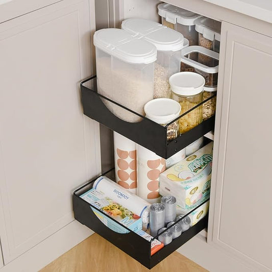 Under Sink Pull Out Organizer, Single-Tier Metal Drawer Slide Out Storage Shelf, No-Drill Nano Adhesive Installation, Fits 16"+ Deep Cabinets for Kitchen Bathroom Pantry Storage