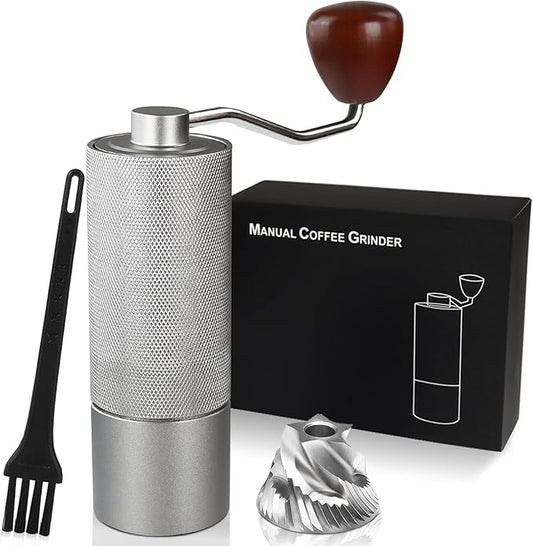 Non-Detachable Manual Coffee Grinder with 25 Level Stainless Steel Conical Burr Portable Aluminum Coffee Bean Grinder Gift Set Suitable for Moka Pot Espresso Pour Over Easy Cleaning with Brush