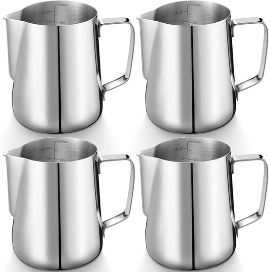 Honeydak 4 Pcs Milk Frothing Pitcher 304 Stainless Steel Steaming Pitchers for Coffee Bar Cappuccino Barista Tools Milk Jug Steamer Frother Cup (20 oz)