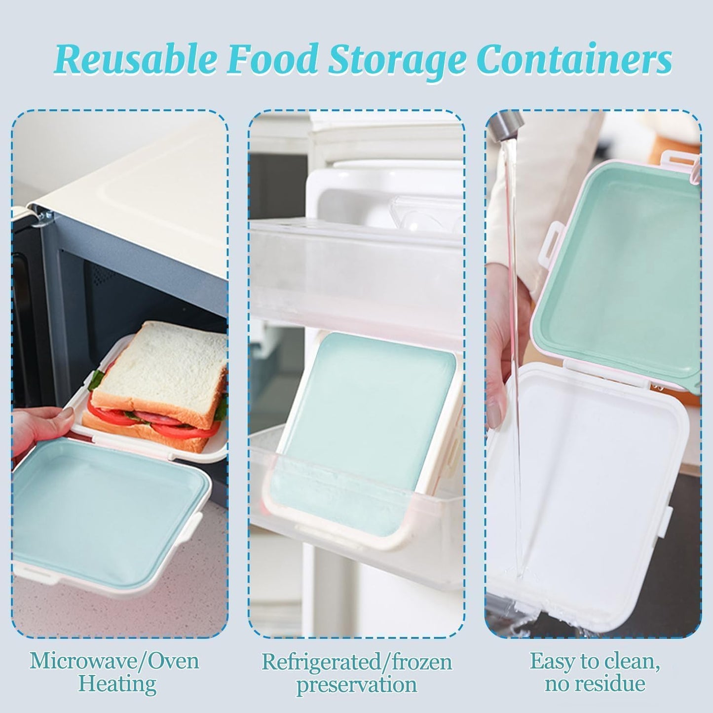 Sandwich Containers, Silicone Sandwich Storage with Snap-Off,Sandwich Box for Lunch,BPA Free,Leakproof, Reusable Plastic Sandwich Holder for Fruit,Salad,Snacks and Food Storage (blue)