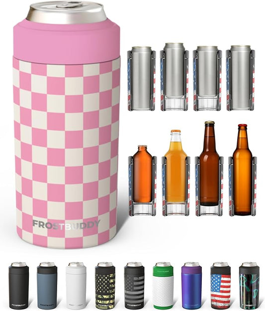 Frost Buddy Universal Can Cooler - Fits all - Stainless Steel Can Cooler for 12 oz & 16 oz Regular or Slim Cans & Bottles - Stainless Steel (Pink Checkered)