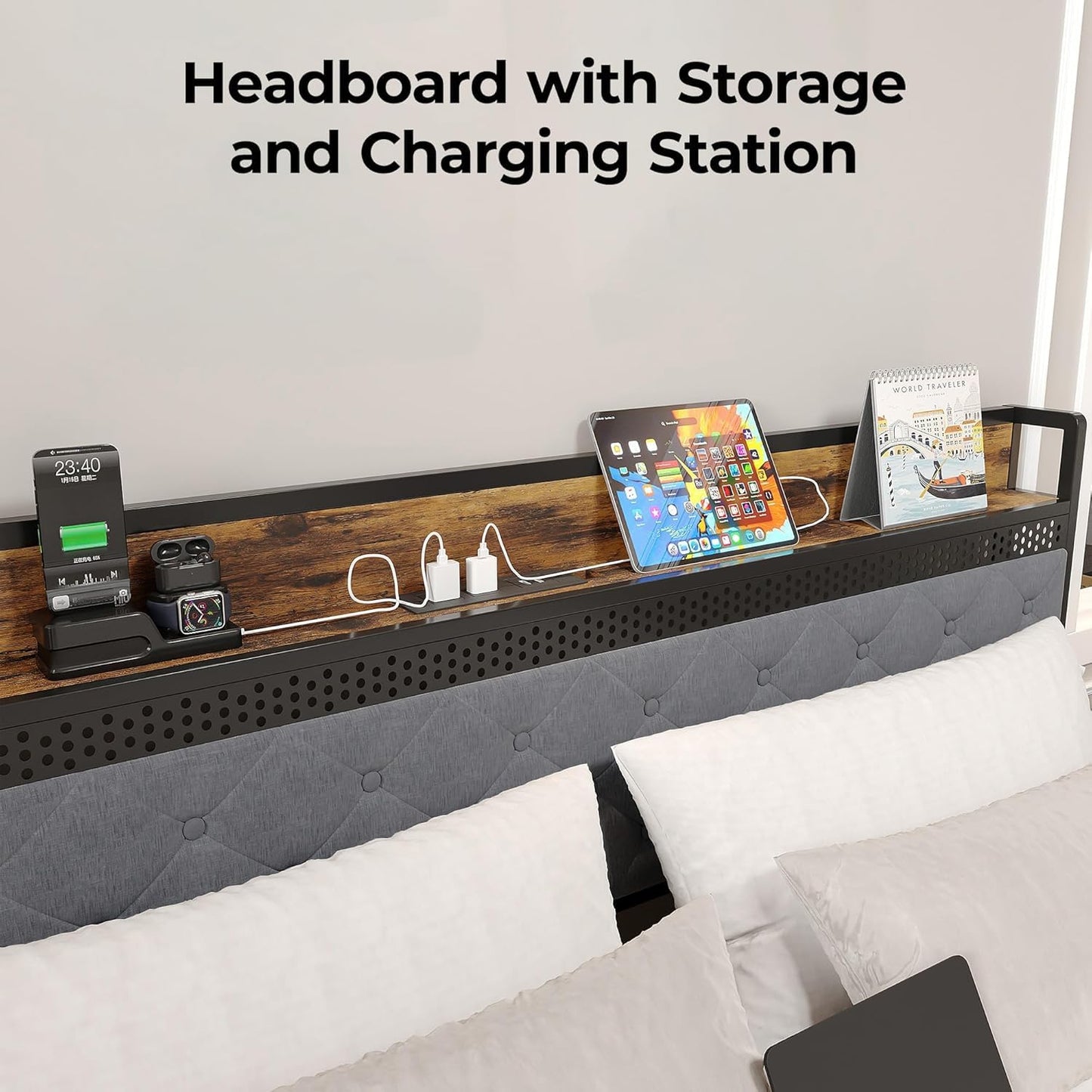 GAOMON King Size Bed Frame with Storage Headboard and Charging Station, Metal Platform Bed Frame with 2 Storage Drawers and LED Lights, Noise-Free, No Box Spring Needed, Rustic Grey